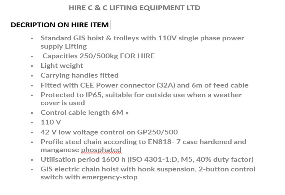 Electric Hoist 500kgs/6 MTRS 250KGS/12MTRS