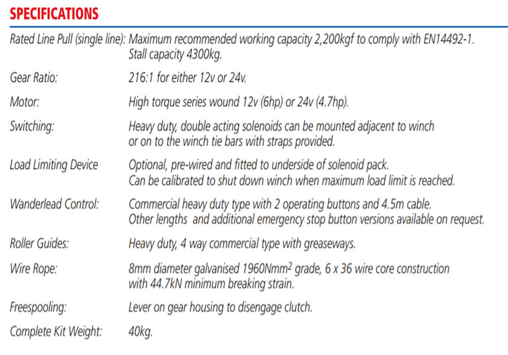 24V WINCH MODEL BH2250 EN14492-1 WITHOUT SOLENOIDS
