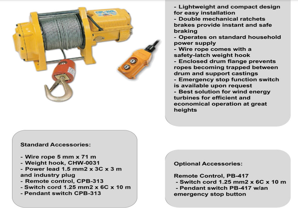 COMEUP CWL-200KG 110V WINCH C/W WIRE ROPE PENDENT
