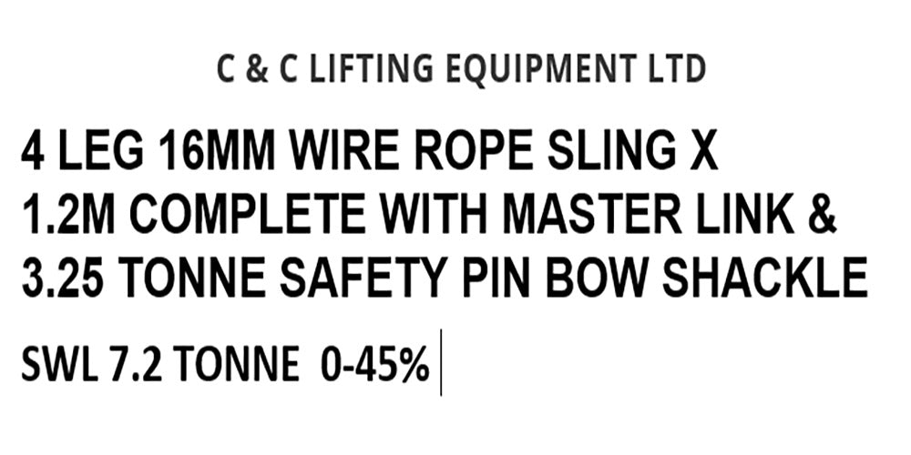 4 LEG 16MM ROPE X 1.2M C/W 3.25T SAFETY PIN SHACKLES SWL 7.3T