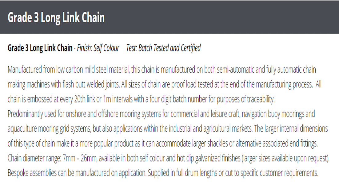 LONG LINK  CHAIN GRADE 3  (self colour & Galvanised) 7mm - 26mm