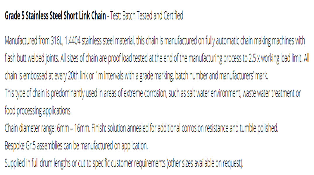 Stainless Steel Short Link Chain Certified
