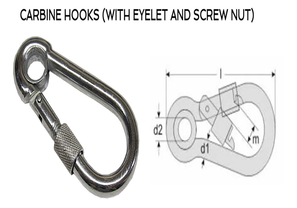 6MM DIA STAINLESS CARBINE HOOK WITH SCREW NUT AND EYELET